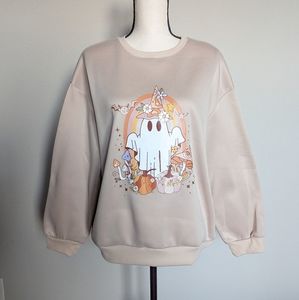 Tan Halloween hippie ghost fleece lined crewneck sweater size XL